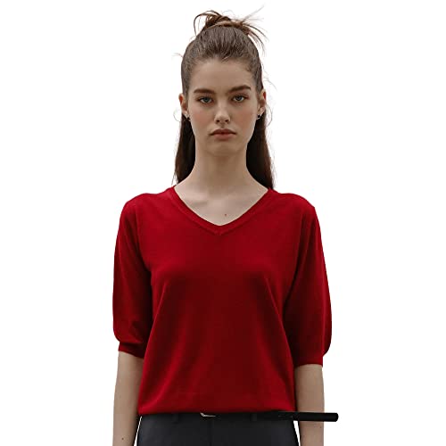 Womens Short Sleeve Sweaters Tops Summer Soft V-Neck Pullover Shirt Lightweight Knit Sweater (As1, Alpha, M, Regular, Regular, Red) #TOP25