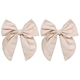 5.5' Beige Cotton Linen Ribbon Hair Bows 2pc Fable Sailor Hair Bow Clips Alligator Barrettes for Teens Toddler Girls Kids Back School Gift Women Happy Fall Dress Accessories