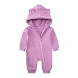 Alunsito Infant Baby Girl Cold Winter Warm Clothes Long Sleeve Zipper Fleece Romper Solid Color Bear Ear Hoodie Jumpsuit Bodysuit 90 Purple 1-2 Years