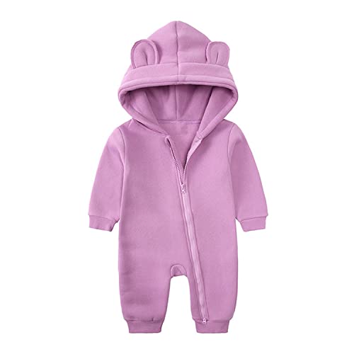 Alunsito Winter Newborn Baby Boy Girl Solid Romper Unisex Infants Hooded Outfit Clothes Cotton Fleece Zipper Jumpsuits 66 Purple 3-6 Months