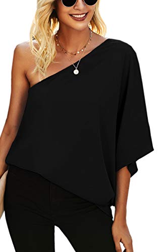 Image of Angashion Women's Summer Tops Casual One Shoulder Short Sleeves Blouses Sleeveless Tie Knot Asymmetrical Hem Tee Shirt