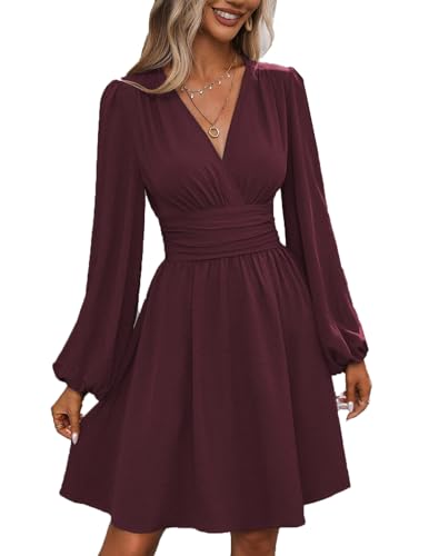 UUAISSO Vestito Casual da Donna Manica Lunga Vita Alta A Line Abiti Avvolgenti Scollo a V Midi Dress Rosso Porpora M