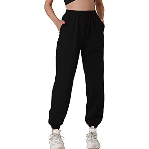 HAPYWER Woemen Long Cotton Sweatpants High Waist Casual Trousers Loose Jogging Pants with Pockets Two Tone Oversize Sports Pants S-XXL Black Cover