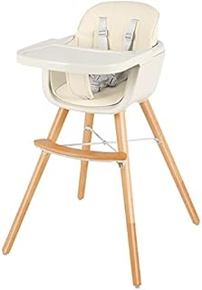 Maxmass 3 in 1 Baby Highchair, Wooden Infant Feeding Chair with 5-Point Safety Belt, 3-Positions Adjustable Tray and PU Cushion, Convertible High Chair for 6-36 Months (Beige)