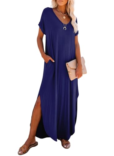 Image of Dokotoo Summer Dresses for Women 2026 Casual Maxi Dress V Neck Cap Sleeve Long Sundress with Pockets Beach Vacation