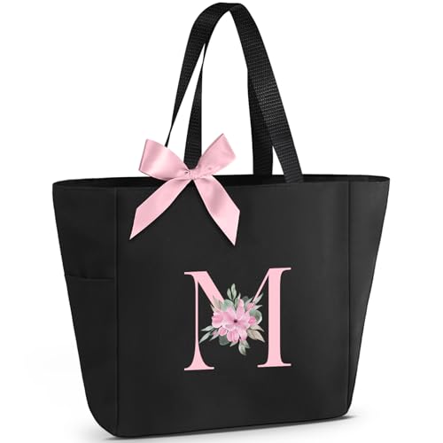 Vavabox Handtasche Damen A-Z Reißverschluss Schultertasche, Geschenke für Damen,Bräute und Brautjungfern,Arbeit,Reisen,Einkaufen,Schule (M-M, Schwarz)