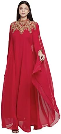 ANIIQ Women Dubai Kaftan Farasha Caftan Long Maxi Dress Long Sleeves Ethnic, Bridal, Evening, Party, Dress with Free Scarf, Color- Red, Size- Free