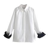Blusa Blanca Camisa De Mujer De Moda De Manga Larga con Blusas De Fiesta De Plumas Extraíbles Camisas con Botones De Solapa ior De Talla Grande