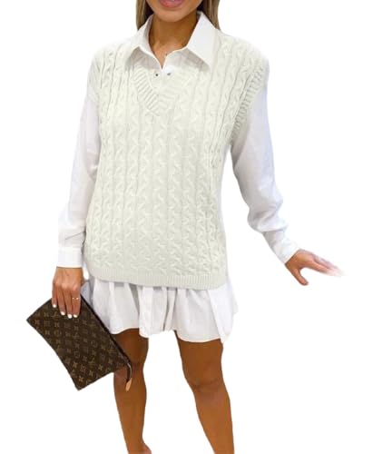 Image of WeaAll Ladies Cable Knit Sleeveless Vest Women's Knitted Jumper Tank Top Winter Chunky Sweaters Cream 12-14