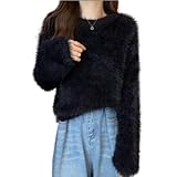 [1/2plus] ニブンノイチプラス セーター ニット ショート 丈 モヘア ファジー もこもこ ふわふわ シャギー ラウンド 丸首 レディース (黒.M)