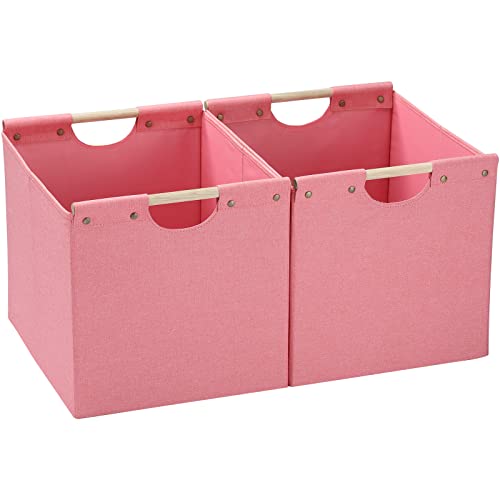 HOONEX Large Foldable Storage Bins, Linen Fabric, Pack of 2, Storage Baskets with Wooden Carry Handles and Sturdy Heavy Cardboard, for Home, Office, Car, Nursery, Pink