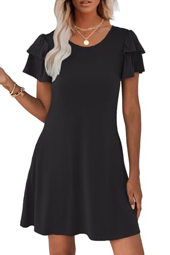 Hount Ladies Black Dresses Ruffle Sleeve Casual Short Dress Summer Beach Mini Dress Black M