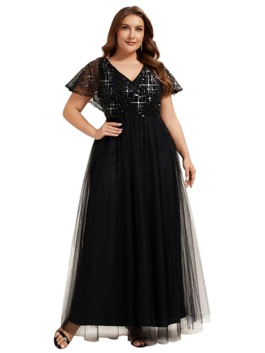 Ever-Pretty Plus Women's V Neck Curvy Short Sleeves A Line Sequin Plus Size Formal Evening Dresses Black US18
