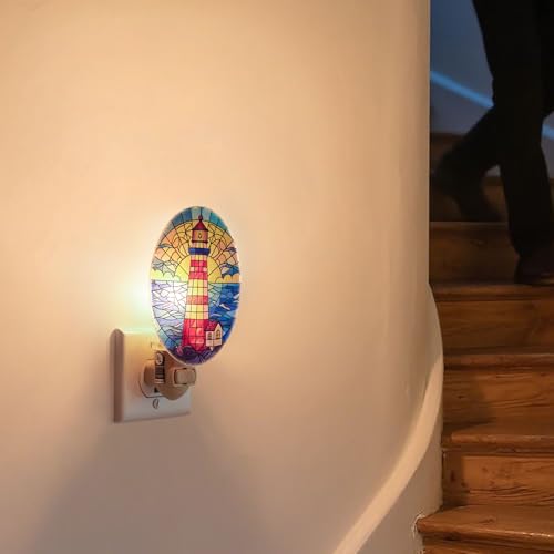 Image of Lighthouse Stained Glass Styled Night Light Plug in - Made with Real Glass, Bulb Included, On /Off Switch - Nautical Beach Theme Bathroom, or Beach House Accent Light Dawn Blue