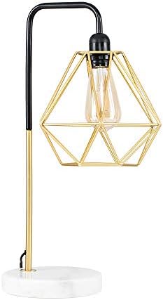 MiniSun Retro Style Black/Gold Effect Metal & White Marble Table Lamp with a Gold Metal Basket Cage Shade - Complete with a 4w LED Filament Amber Tinted Bulb [2700K Warm White]