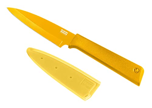 KUHN RIKON Colori+   Cuchillo de cocina (hoja recta con protector de hoja, antiadherente, acero inoxidable, 19,5 cm), color amarillo