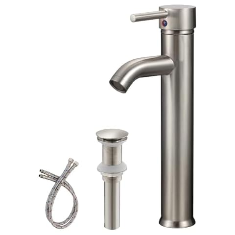 Greenspring Vessel Sink Faucet Brushed Nickel Single Hole Single Handle Lavatory Modern Tall Body Vanity Bowl Bathroom Faucets with Pop Up Drain and Supply Line Brass Material Lead-Free Cover