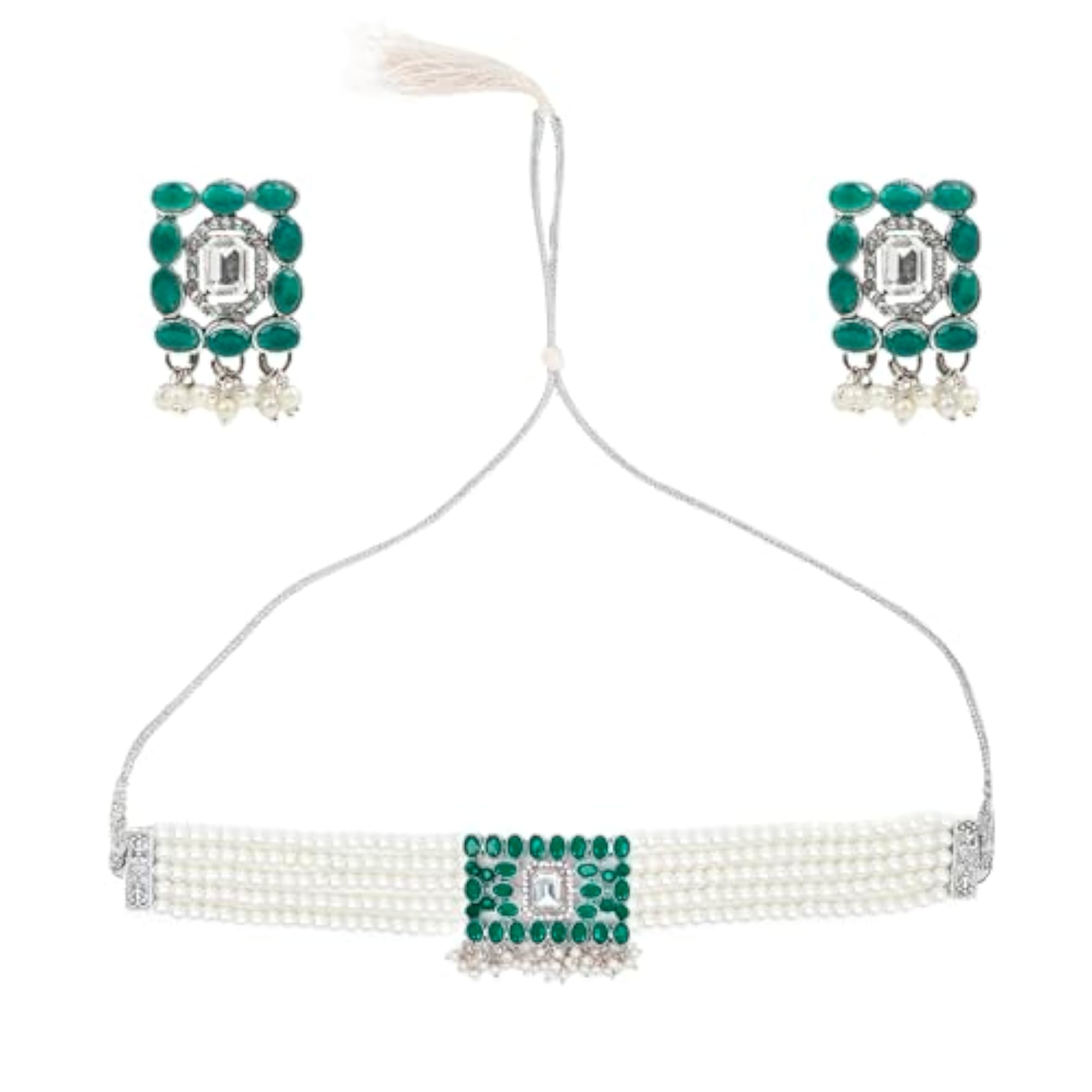 Green Square Moti Necklace & Earrings Set for Women