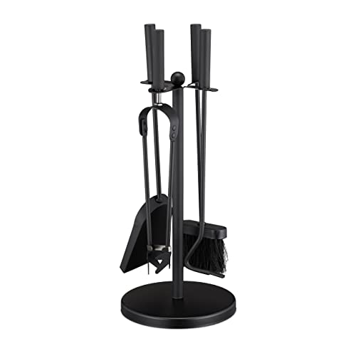 Relaxdays Accesorios Chimenea, Set 5 Piezas, Atizador, Pala, Escoba, Pinzas y Soporte, Útiles Estufa de Acero, Negro