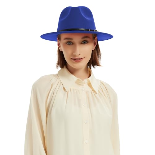 Image of Wide Brim Fedora Hats for Women and Men Classic Felt Panama Hat Men's Two Tone Dress Hat with Belt Buckle