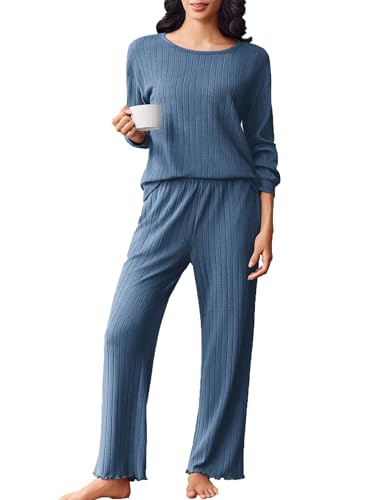 Ekouaer Damen Schlafanzug Baumwolle Langarm Nachtwäsche Pyjamas Set Zweiteiliger Hausanzug PJs Gerippt Schlafanzug Frauen Marineblau M