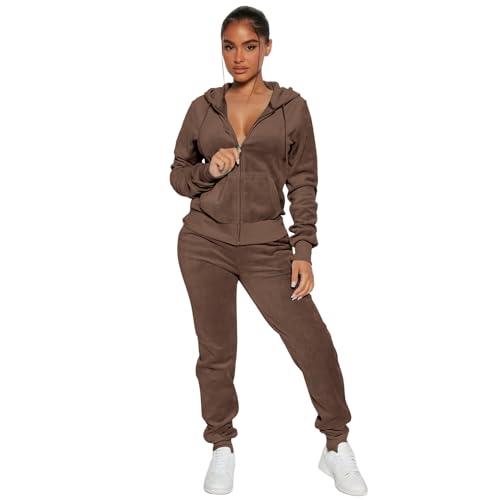 yidengymx Womens 2 Piece Velour Tracksuit Two Piece Soft Velvet Hooded Outfits for Women X-Small Hoodie/Jogger Pants-brown