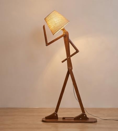 Image of Modern Wooden Adjustable Swing Arm Floor Lamp with Fabric Shade | Modern Wooden Human Shape Floor Lamp for Living Room, Bedroom & Office | Walnut Finish Decorative Lighting
