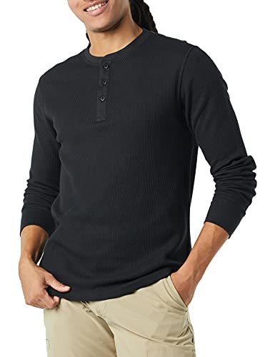 Amazon Essentials Herren Waffel-Henley Langarmshirt Normale Passform, Schwarz, L