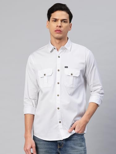 Image of Majestic Man Men's Washed Cotton Twill Casual Shirt -| with Dual Flap Pockets - Slim Fit | Full Sleeve | Casual Wear | Trendy & Comfortable