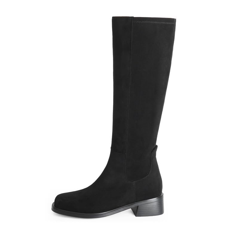 Image of QIY Knee High Boots for Women Low Heel Flat Tall Boots | Stretch Boots, Chunky Heel Womens Boots, Square Toe Heeled Fall Winter Dress Riding Long Boot with Side Zipper