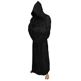 Seaehey Unisex Knight Bathrobe Adult Tunic Hooded Robe Halloween Cosplay Fleece Bathrobe for Men Women (Black)