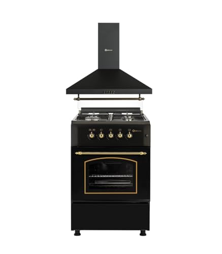 PACK AHORRO COCINA GAS F6S40G2 + CAMPANA HS60PR / ESTILO RUSTICO NEGRO CON RIBETES DORADOS/ANCHO 60 CM/FUEGOS CON ENCENDIDO AUTOMATICO/HORNO 60 L.