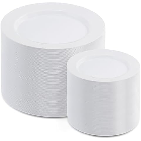 AOZITA 200pcs White Plastic Plates, Disposable Plates for Party, Heavy Duty Plastic Plates - 100 Dinner Plates and 100 Salad Plates, for Weddings, Parties and Events Cover