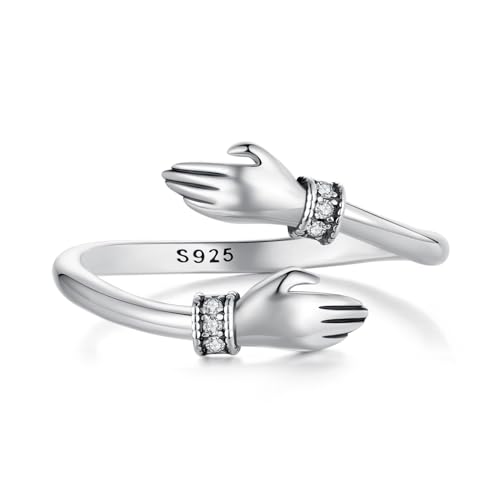 Kerraom Anillo Abrazo Eterno Ajustable Anel de Promesa en Plata 925, Regalo Original para Mujer Niña o Madre Hija, Anillo Guardián Manos Abrazando en Blanco Oro