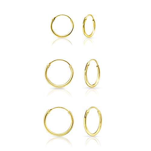 3 Pares de Pendientes Aro Oro Mujer - Pendientes Mujer Aros Plata de Ley 925 Chapados Oro 18K - Aros Oro Mujer - Diámetro 12, 14, 16 mm