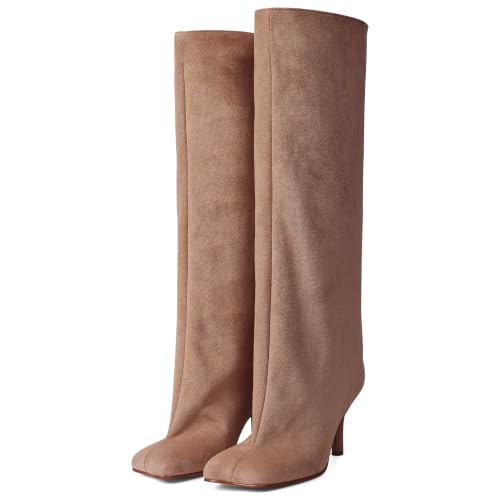 Image of DOBOYG Knee High Suede Boots for Women Wide Calf Square Toe Tall Boots | Stiletto High Heels Pull On Fashion Long Booties