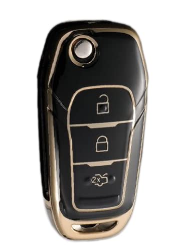 Image of TPU Car Key Cover Black & Golden Compatible for Ford Figo, Aspire, Endeavour, Ecosport, Fiesta (Ford, 3 Button Flip Key)
