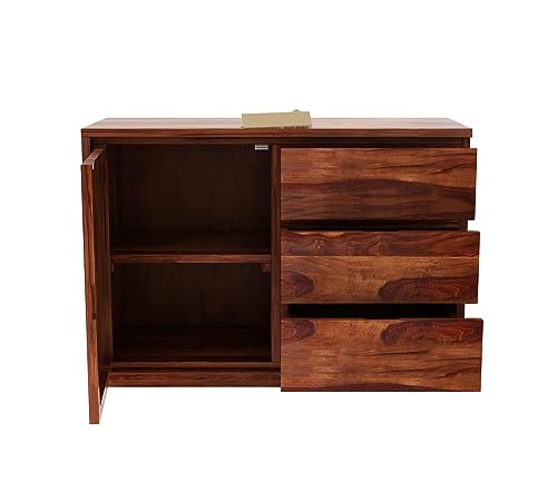 Image of SHIKHA WOOD CRAFT Solid Sheesham Wood Sideboard Cabinet with 3 Drawers and 1 Door Storage | Multipurpose Wooden Chest of Drawers Furniture for Bedroom, Home, Living Room, and Office (Natural Finish)