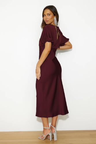 Image of Satin V Neck Puffy Sleeves Silk Midi Dresses Empire Waist Elegant Tie Back Formal Cocktail Dress for Women Wedding Guest Burgundy