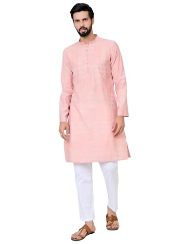 Image of See Designs Men's Full Sleeve Mandarin Collar Floral Embroidered Mandarin Collar Thread Work Straight Long Kurta - Festive Collection