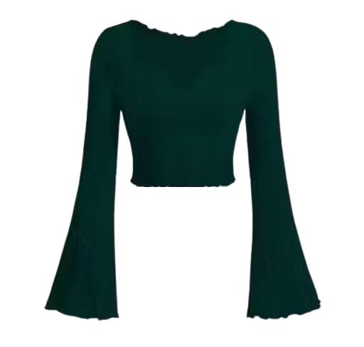 Image of V-Neck Notched Flared Sleeve Top for Women | Stylish Polyester Long Sleeve Blouse for Casual Wear 450