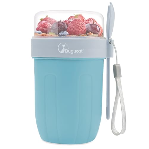 Bugucat Müslibecher to Go 660ML+260ML, 2in1 Joghurtbecher to Go & Müsli Cup to Go Becher mit Löffel, Auslaufsicherer Lunchpot Müslidose, Unterwegs Müslischale Yoghurt to Go für Picknick, Blau