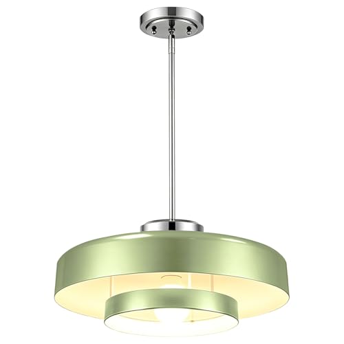 Image of Mid-Century Modern Sage Green Hanging Lamp, Brushed Metal Shade Kitchen Island Pendant Light Adjustable Ceiling Light for Living Room, Dining Nook, Bedroom