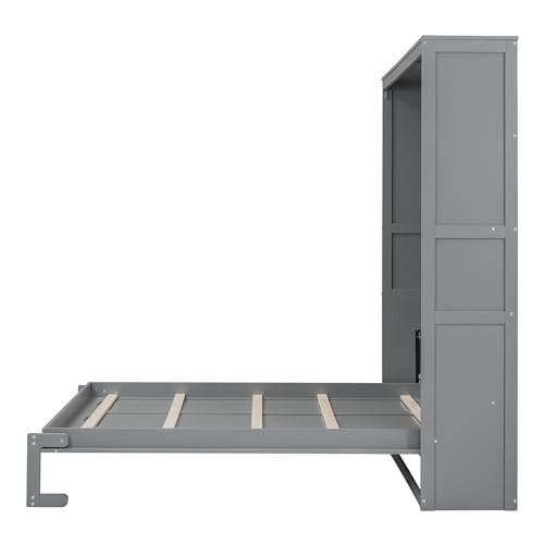 Merax Queen Size Murphy Bed, Wood Queen Murphy Cabinet Bed with Shelves, Wall Bed for Home Office or Small Room, Gray