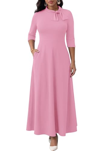 Image of FANDEE Maxi Dress for Women Long Elegant 3 /4 Sleeve Bow Tie Neck A Line Casual Party Church Dresses with Pockets