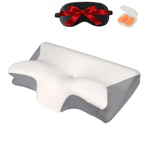 Upgraded Memory Foam Pillow,Cervical Pillow for Neck & Shoulder Pain Relief,Ergonomic Bed Pillow Soft for Side Back and Stomach Sleepers, Neck Pillow with Earplugs and Sleep Mask. (Gray+White)