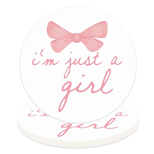 FYSUIMU 4Pcs Pink Bow Coasters Coquette Bow Girly Ceramic Drink Coaster Cute Bowknots Round Mug Coaster Gender Reveal Baby Shower Cup Mat for Kitchen Home Office Party Table Decor