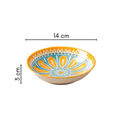 Image of Nestasia Ceramic Round Snack Plate Set of 4 (5.5 Inch Each) - Patterned Dahi Bhalla Plate for Serving Chaat, Halwa, Chakna, & Desserts | Microwave & Dishwasher Safe Small Plate (Blue & Orange)