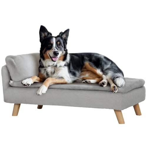 PawHut Hundesofa für mittelgroße Hunde, Hundebett mit abnehmbarem und waschbarem Kissen, Haustiersofa mit Holzbeine, mit Erhöhtem Design, 20 kg, Hellgrau