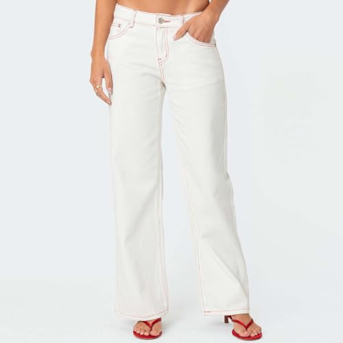 Women's Straight Leg Pink Jeans, Y2K Teen Girl High Waisted Printed Loose Denim Pants with Trendy Strawberries Pocket2